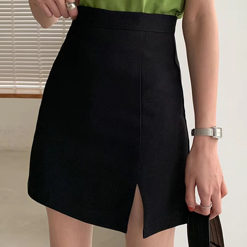 Skirts Women Solid Mini Slim Black Side-Slit Sexy All-Match Fashionable Elegant Simple Female Chic Streetwear A-Line above Knee
