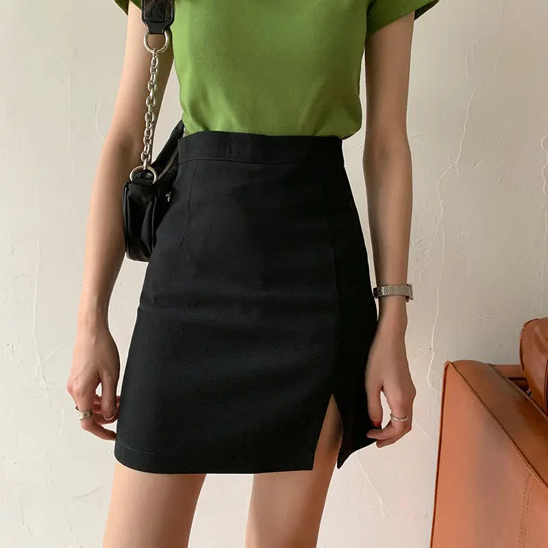 Skirts Women Solid Mini Slim Black Side-Slit Sexy All-Match Fashionable Elegant Simple Female Chic Streetwear A-Line above Knee