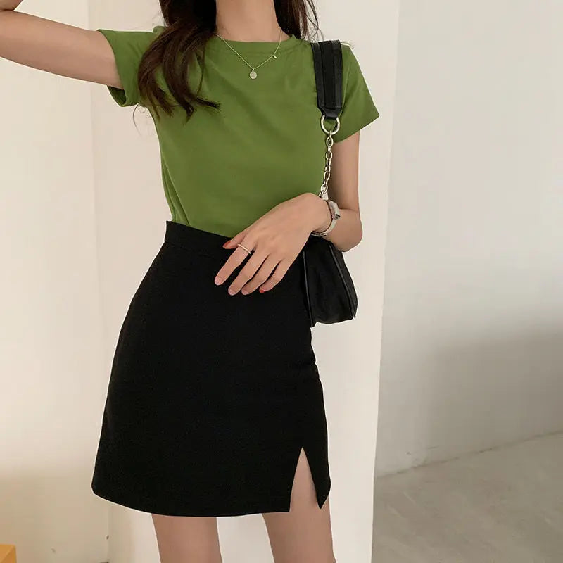 Skirts Women Solid Mini Slim Black Side-Slit Sexy All-Match Fashionable Elegant Simple Female Chic Streetwear A-Line above Knee