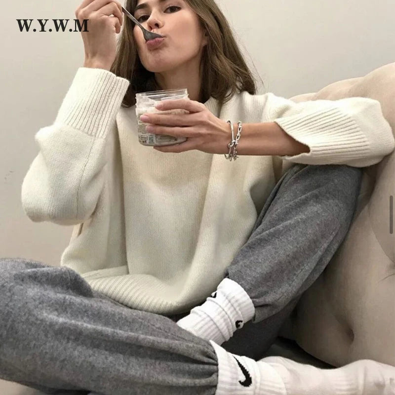 Cashmere Elegant Women Sweater Oversized Knitted Basic Pullovers O Neck Loose Soft Female Knitwear Jumper