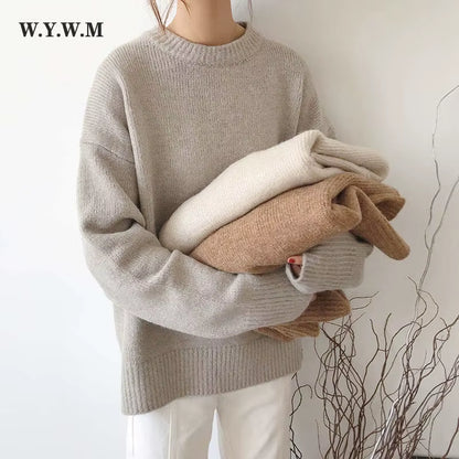 Cashmere Elegant Women Sweater Oversized Knitted Basic Pullovers O Neck Loose Soft Female Knitwear Jumper
