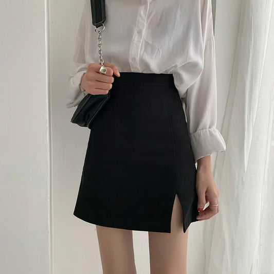 Skirts Women Solid Mini Slim Black Side-Slit Sexy All-Match Fashionable Elegant Simple Female Chic Streetwear A-Line above Knee